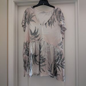 Light Pink Tropical Print Ruffle Sleeve Babydoll Top Size 3XL